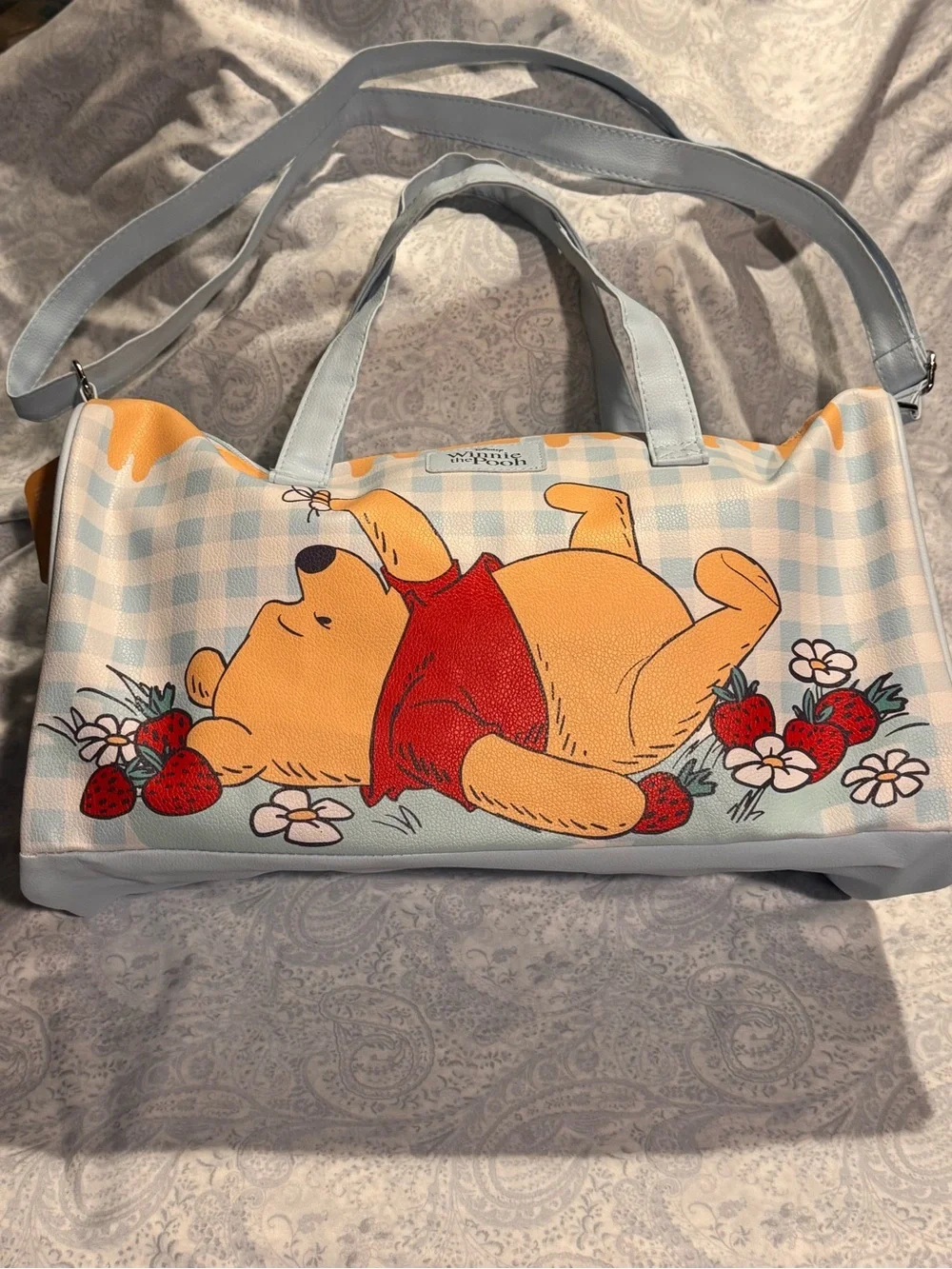 Winnie the Pooh Strawberry & Blue Gingham Medium Duffle w/ adj. Shoulder Strap